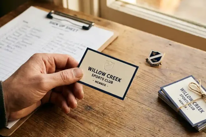 Lidmaatschapskaart van een kleine sportclub in een hand, met inschrijfformulieren, clubbadge en stapel kaarten op houten tafel.