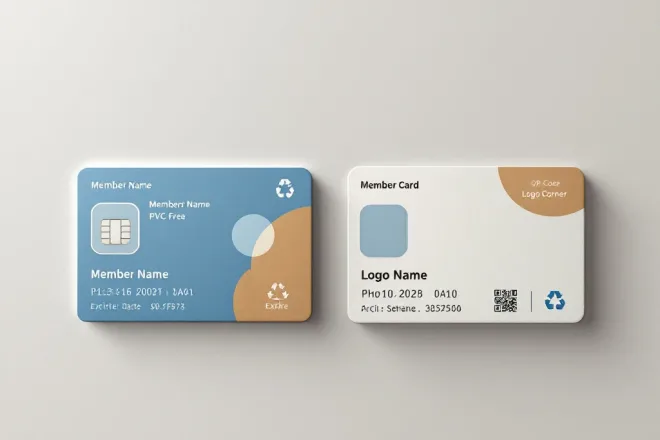 Twee lidmaatschapskaarten naast elkaar: links een glanzende plastic kaart, rechts een milieuvriendelijke matte PVC-vrije kaart met recyclingssymbool.