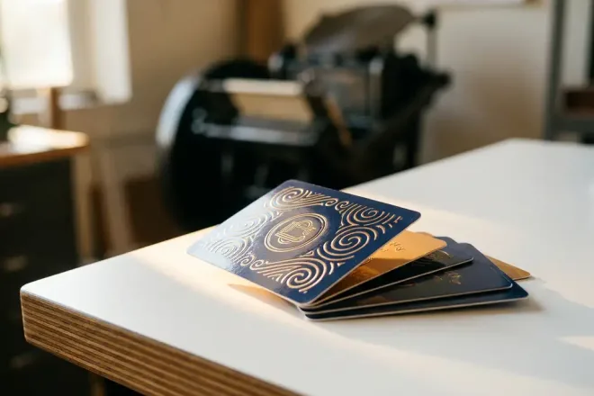 Glanzende lidmaatschapskaarten in navy en goud gespreid op wit bureau, één kaart met reliëfdetails in warm licht op de voorgrond.