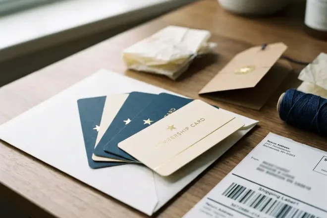 Gepersonaliseerde ledenpassen uitgewaaierd op een witte verzendenvelop met verpakkingsmaterialen en verzendlabel, zachte natuurlijke belichting.