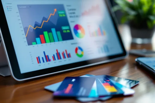 Analytics dashboard met klantloyaliteitsgrafieken op tablet naast fysieke loyaliteitskaarten en smartphone met digitale loyaliteitsapp op houten bureau.