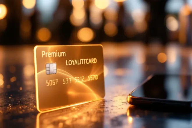Stijlvolle loyaliteitskaart met stempelpatroon naast smartphone met digitale versie, op glanzend oppervlak met warme belichting.
