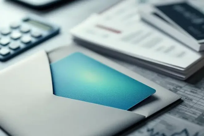 Premium loyaliteitskaart in luxe envelop naast gestapelde mailings op professioneel bureau met kostenanalyse-elementen in blauwe en groene tinten.
