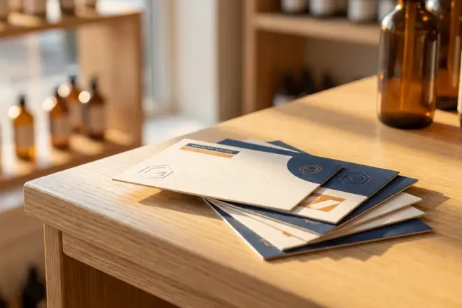 Gestapelde loyaliteitskaarten met reliëflogo op een retailtoonbank, warm zijlicht, crème en marineblauw kleurenpalet.