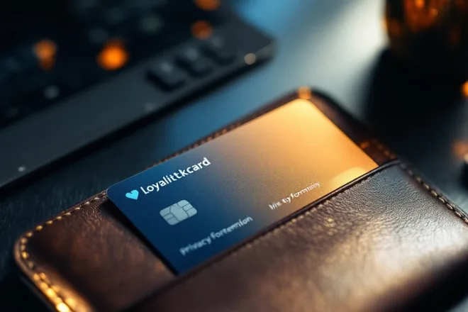 Loyaliteitskaart gedeeltelijk in portemonnee naast tablet met privacyformulier en vinkje voor toestemming, in blauwe tinten met hangslot-symbool voor gegevensbescherming.