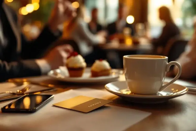 Elegante loyaliteitskaart naast koffie en dessert op restauranttafel met warme verlichting, smartphone en subtiele gouden accenten in exclusieve sfeer.