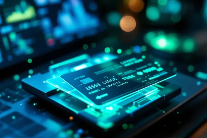 Loyaliteitskaart met RFID-chip in kaartlezer verbonden met laptop toonend ledensoftware met klantendata in moderne kantooromgeving.