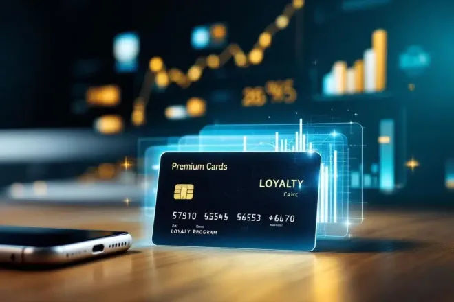Glanzende loyaliteitskaarten op houten bureau met premium kaart vooraan, holografische klantanalyses en smartphone met digitaal loyaliteitsprogramma.