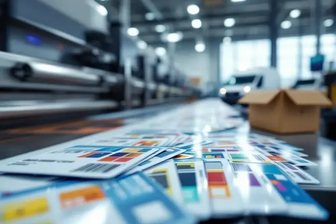 Vers gedrukte loyaliteitskaarten in waaierpatroon tonen kleurrijke ontwerpen met magnetische strips in een professionele drukkerij, klaar voor verzending.