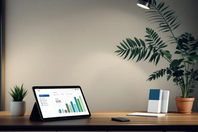 Duurzame loyaliteitskaarten uitgespreid op modern bureau naast tablet met dashboardweergave en grafiek van stijgende klantenretentie in een professionele omgeving.