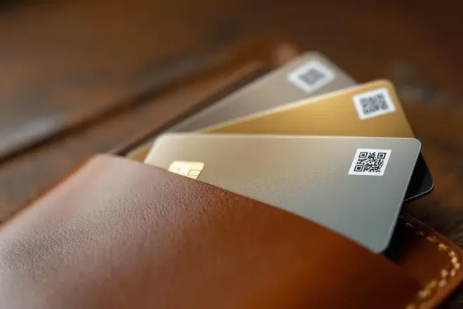 Professionele loyaliteitskaarten in verschillende materialen, gedeeltelijk uitgewaaierd op een leren portemonnee met zichtbare QR-codes, barcodes en chiptechnologie.