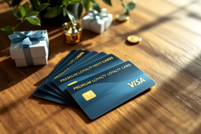 Premium loyaliteitskaarten uitgewaaierd op houten oppervlak met beloningen zoals geschenkdozen, gouden munten en exclusieve producten in warm blauw-gouden kleurenpalet.