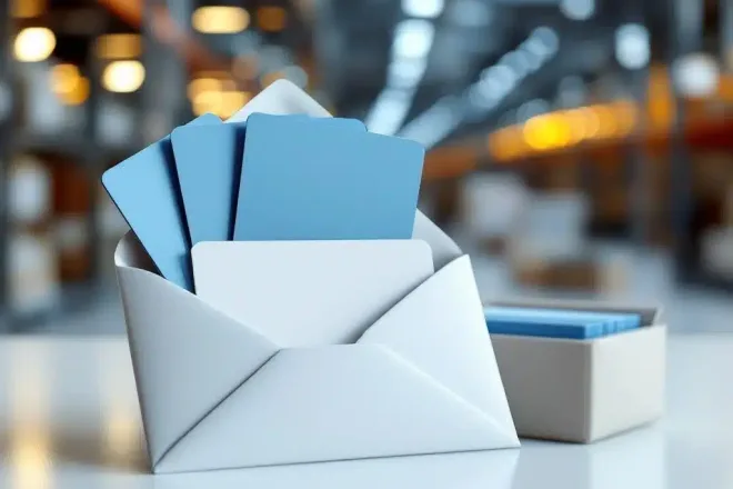 Glanzende loyaliteitskaarten in waaiervorm uit een elegante envelop op wit oppervlak, met verzendpakket en professionele blauwe en zilveren kleurtonen.