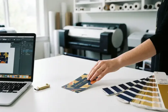 Designer plaatst een kleurrijke loyaliteitskaart op wit bureau naast laptop, USB-stick en kleurenwaaier in professionele printstudio.
