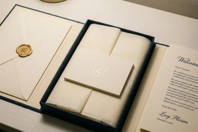 Branded loyaliteitskaart in een welkomstpakket met gevouwen brief, envelop en tissuepapier op wit bureau.