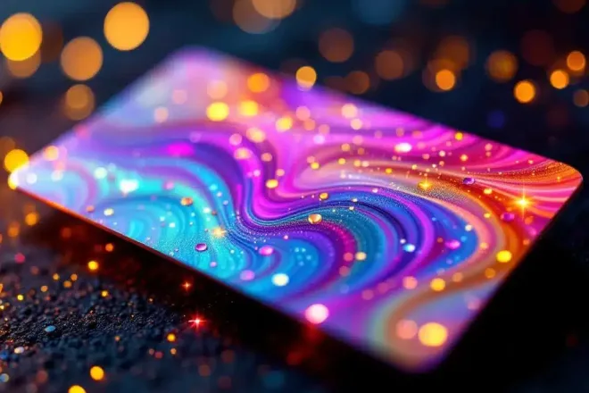 Luxe cadeaukaart met geavanceerde veiligheidskenmerken zoals holografische elementen, watermerk, microtekst en QR-code onder verificatielicht op duurzaam materiaal.
