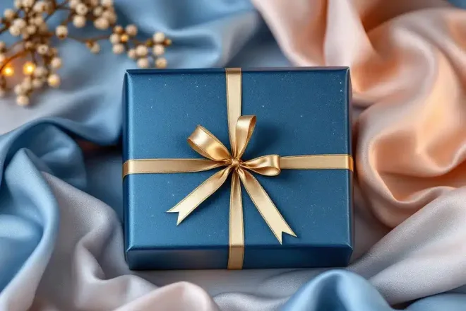Luxe cadeaukaart die uit diepblauwe fluwelen geschenkverpakking steekt, omringd door zijden lint en gouden details op een minimalistisch ingerichte achtergrond.