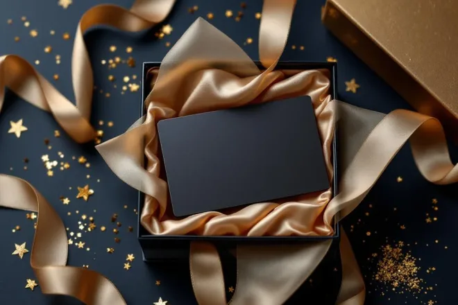 Luxe zwarte cadeaukaart in elegante doos met gouden zijden voering en lint op donkerblauwe ondergrond