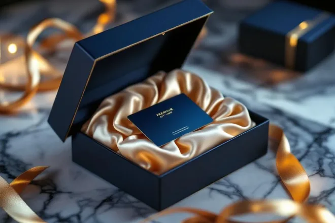 Luxe navy blauwe geschenkdoos met gouden accenten en cadeaubon op ivoren zijde op marmeren ondergrond