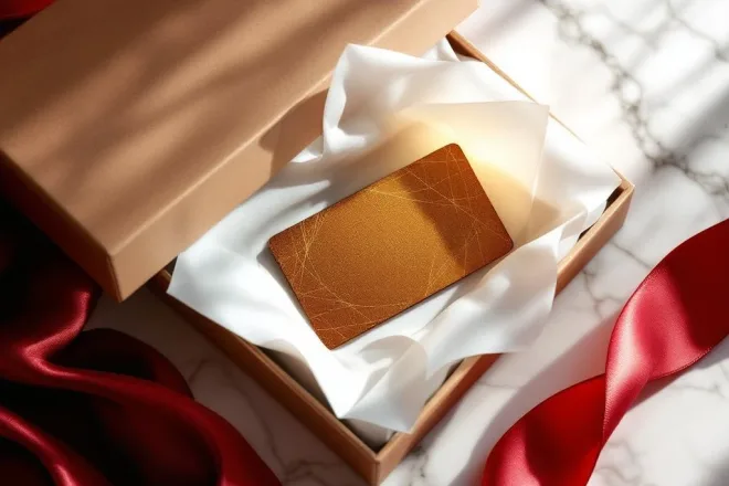 Luxe cadeaukaart in premium verpakking met goudfolie accenten op marmeren ondergrond, bovenaanzicht