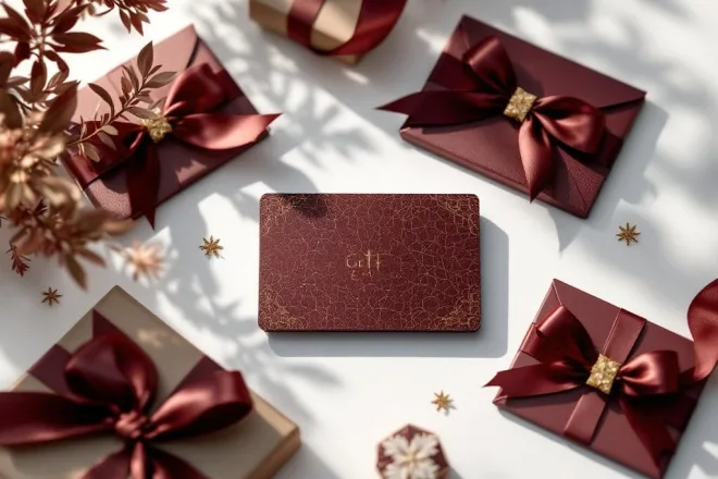 Luxe cadeaukaart verpakking in bordeauxrood en goud met satijnen linten op witte achtergrond, bovenaanzicht