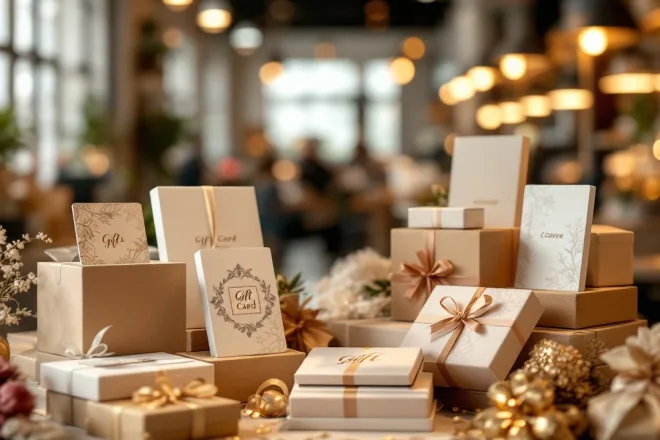Luxe cadeaukaarten in diverse duurzame verpakkingen, verlicht door warme tinten, tonen vakmanschap en exclusiviteit.
