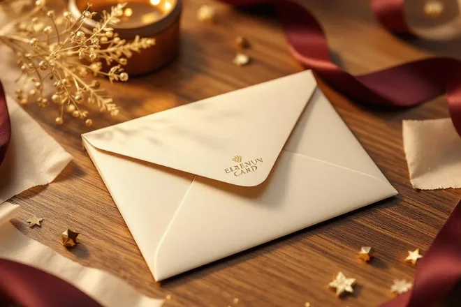 Luxe cadeaukaart in gouden envelop met bordeauxrood lint op houten tafel, premium verpakkingsdesign