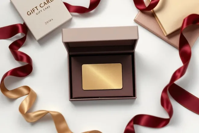 Luxe cadeaukaart verpakking in open presentatiebox met satijnen linten op witte ondergrond