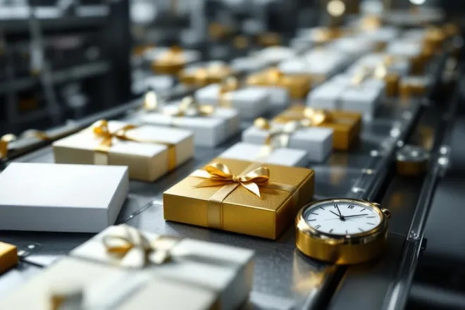 Luxe geschenkkaartverpakkingen in wit en goud op productielijn met klok, bovenaanzicht van elegante assemblagefase