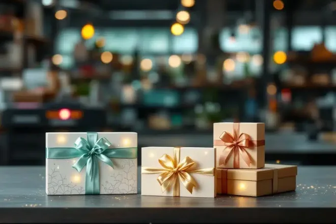 Luxe cadeaukaarten in waaierpatroon tonen diverse druktechnieken: folieaccenten, reliëfdruk en UV-spot op werkbank met drukkerijapparatuur op achtergrond.