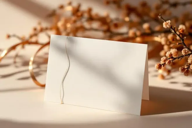 Twee luxe cadeaukaarten zwevend naast elkaar, één toont voorkant met subtiel ontwerp, andere de achterkant, met vage moderne drukpers op de achtergrond.
