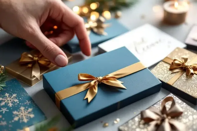 Luxe cadeaukaarten met verschillende bedragen en afwerkingen uitgespreid op werkblad, terwijl een hand een kaart vasthoudt bij digitaal apparaat voor personalisatie.