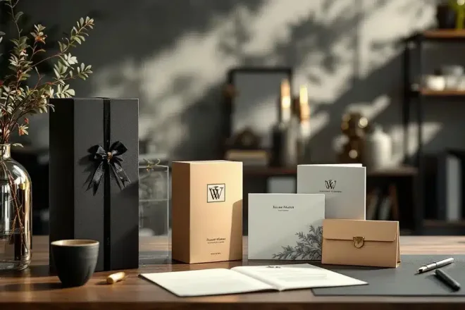Luxe cadeaukaarten in diverse ontwerpen op een donkerhouten bureau, met personalisatieopties zichtbaar en een vulpen ernaast in een professionele omgeving.