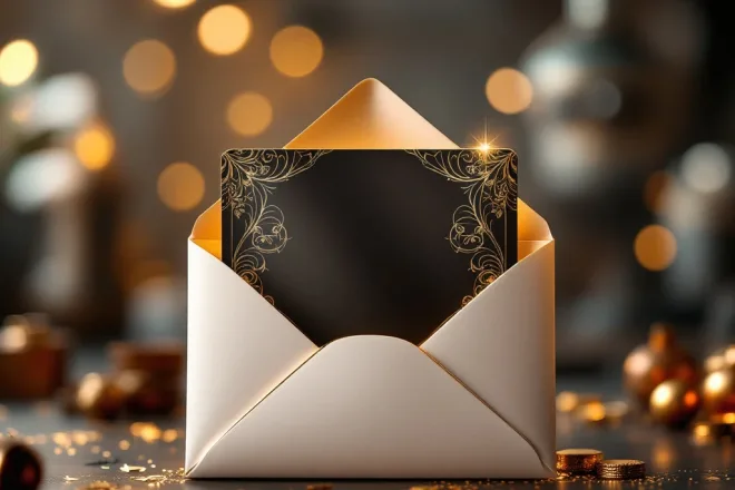 Luxe cadeaubon met gouden en zilveren accenten uit een envelop, in moderne drukkerij met warme verlichting en printdetails.