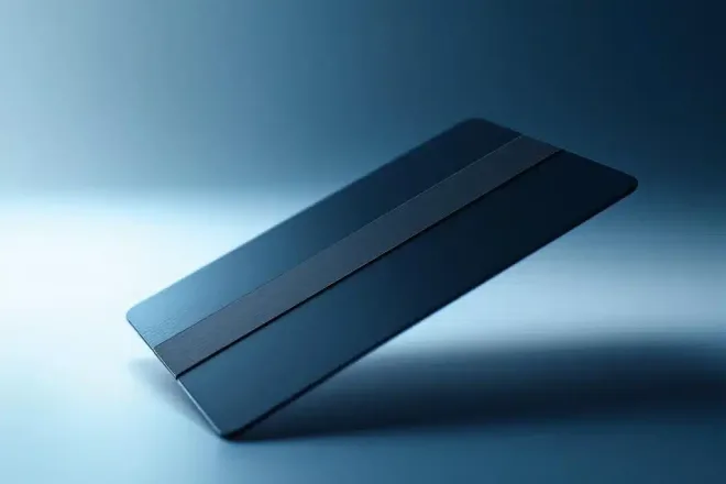 Zwarte plastic kaart met magnetische strip onder studiolicht tegen blauw-witte achtergrond