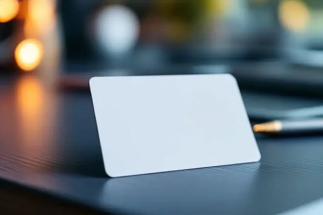 Blanco medewerker ID-badge met holografische beveiligingselementen op modern bureau in professionele kantooromgeving