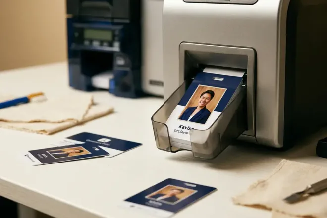 Medewerkersbadge die uit een professionele kaartprinter komt, met afgewerkte ID-kaarten op een witte productietafel.