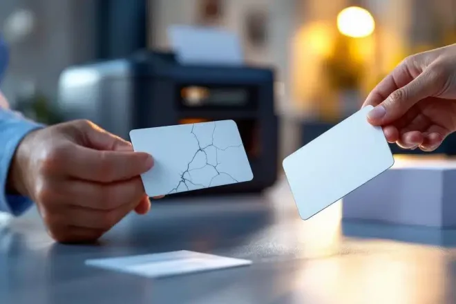 Handen houden beschadigde en nieuwe personeelspas bij kaartprinter op professioneel bureau