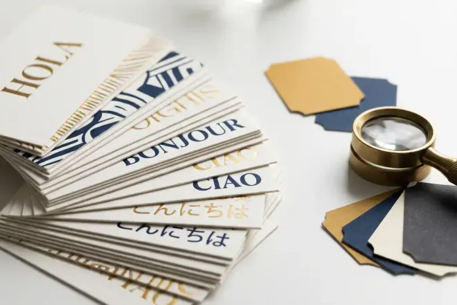 Waaier van premium gedrukte kaarten met meertalige typografie, omringd door kleurstalen en een drukkersloepe op wit oppervlak.