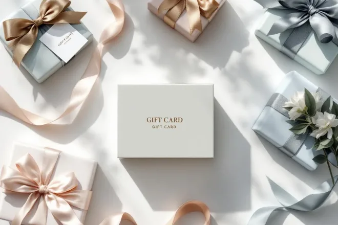 Elegante merkgebonden cadeaukaart verpakking met logo's, linten en folieaccenten in flatlay compositie