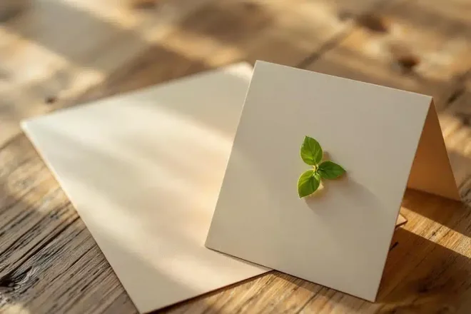Milieuvriendelijke klantenkaarten van PLA, kraftpapier en bamboe op houten oppervlak met klein groen plantje, symboliserend duurzaamheid en premium kwaliteit.