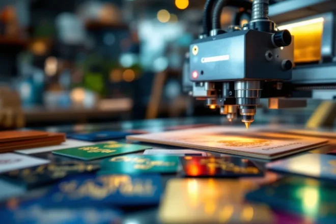 Een moderne werkplaats voor cadeaukaarten, met glanzende kaarten en een geavanceerde printer. Duurzaam materiaal benadrukt.