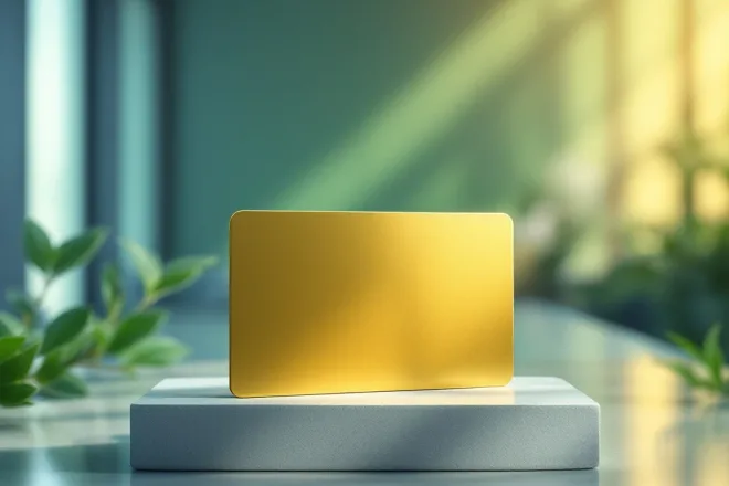 Twee kaarten in moderne setting: een glanzend van PVC, een mat van eco-materiaal. Achtergrond met groene-blauwe tinten en productielijn.