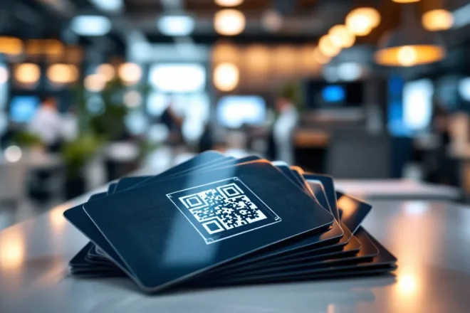 Een moderne kantooromgeving met een elegante weergave van glanzende kaarten met QR-codes, omgeven door warme verlichting en een geavanceerde printer.