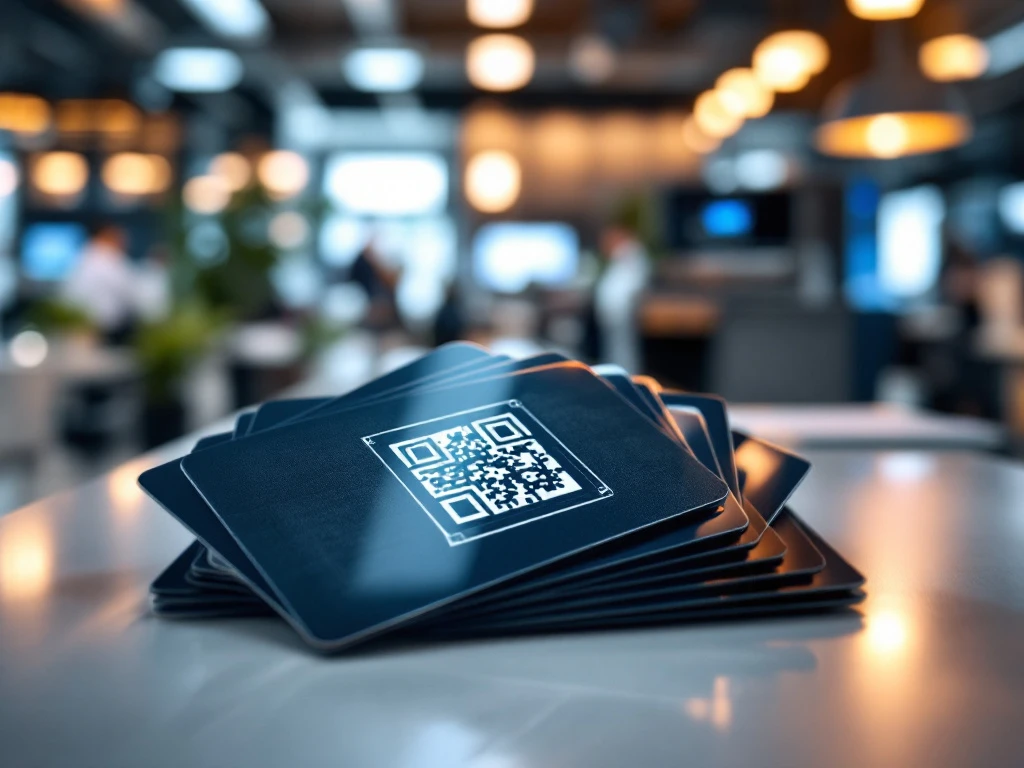 Een moderne kantooromgeving met een elegante weergave van glanzende kaarten met QR-codes, omgeven door warme verlichting en een geavanceerde printer.
