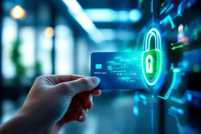 Hand houdt een blauwe RFID-kaart in modern kantoor; digitale slot met groen licht symboliseert veiligheid. Holografisch schild op achtergrond.