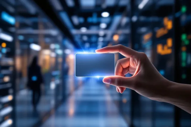 Een moderne kantooromgeving toont een hand met een RFID-kaart, omgeven door technologie, symboliserend connectiviteit en veiligheid.