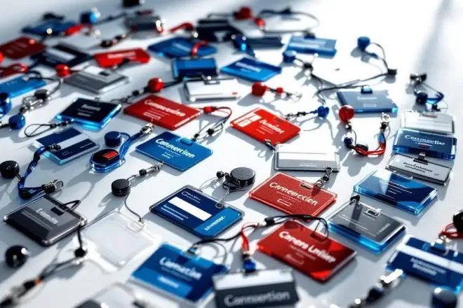 Kleurrijke professionele naamkaartjes en badges in spiraalpatroon op witte achtergrond met lanyards en houders