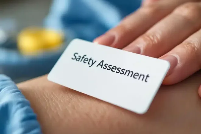 Witte naamkaart met afgeronde hoeken op huid, professionele hand in mouw, werkplekveiligheid assessment