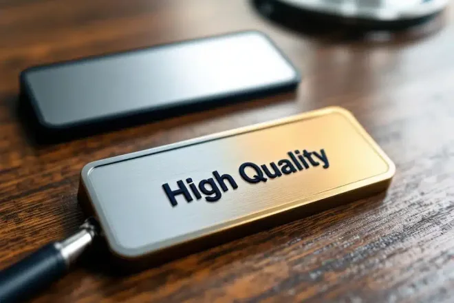 Drie hoogwaardige naamkaartjes op houten bureau met vergrootglas, met embossed letters en metallic afwerking